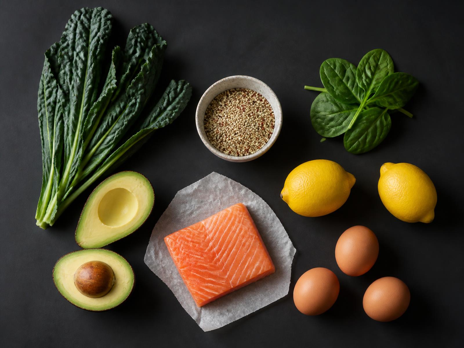 Overhead view of fresh whole groceries laid out on a dark surface