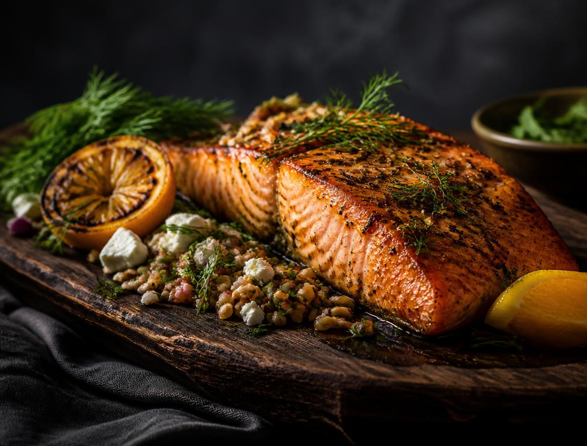 Roasted salmon with grains, herbs and citrus on a rustic wooden board
